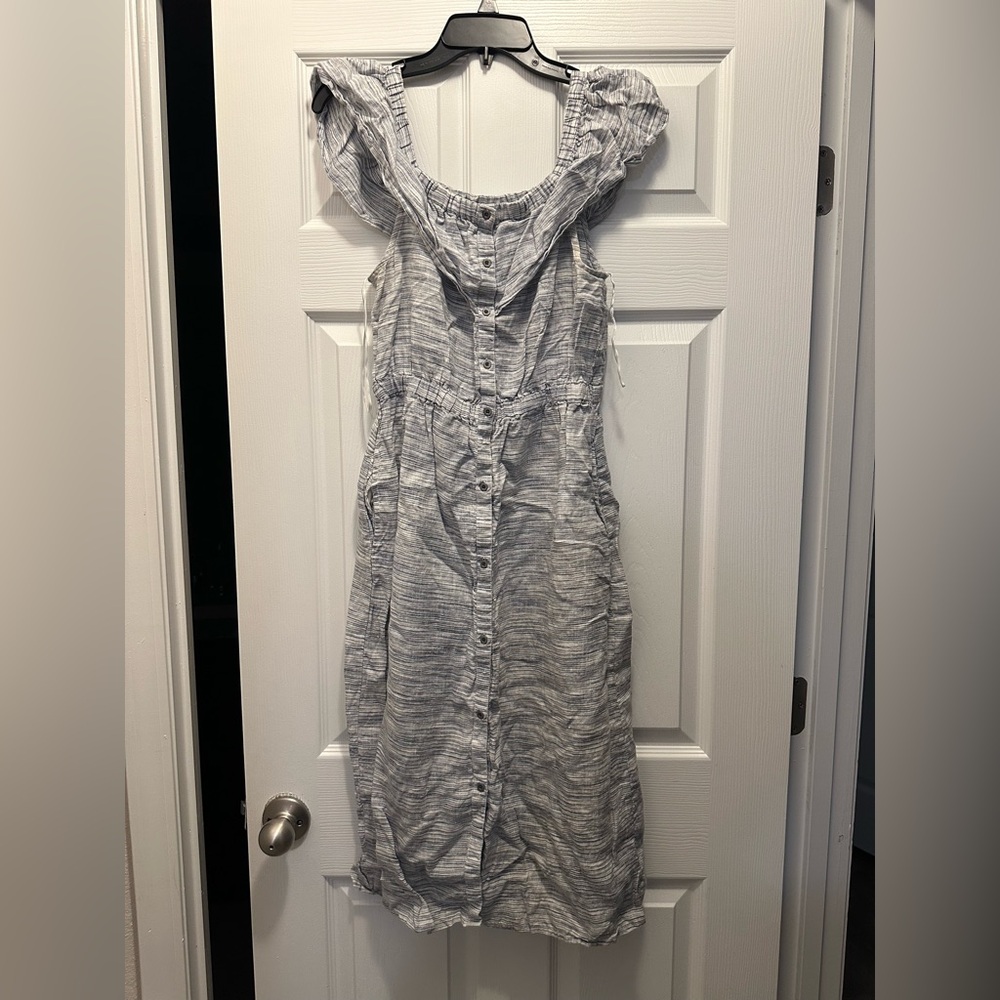 Lucky Brand Blue White Striped Off The Shoulder Linen Midi Dress